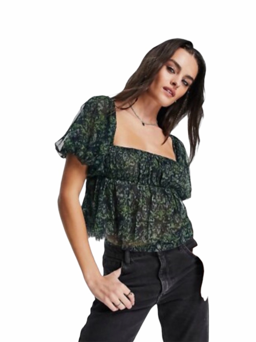 Free People Penelope Dark Green Floral Smocked Square-Neck Peplum Top